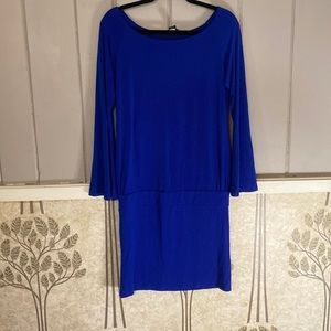 MODA INTERNATIONAL deep royal blue dress with gorgeous lines and  bell sleeves M